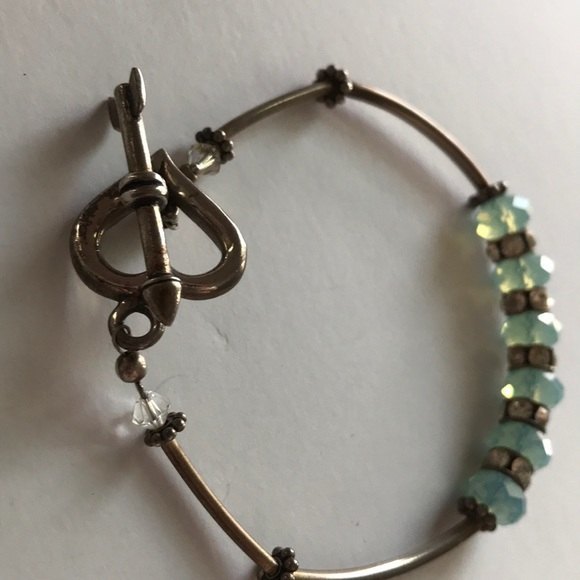 Vintage Handmade Pacific Opal Swarovski Crystal Curved Sterling Silver Bracelet - Picture 5 of 8